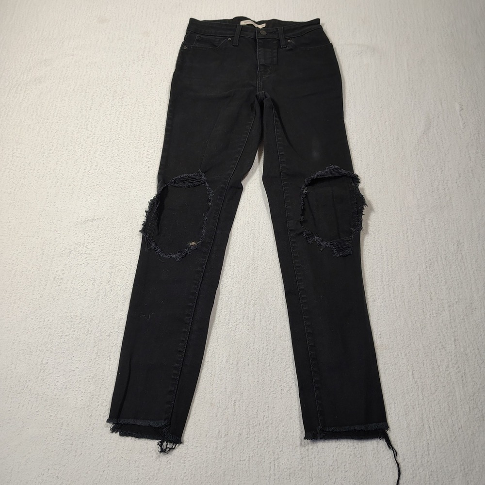 Levis Jeans Women 26 Black 721 High Rise Skinny Distressed Raw Hem Denim